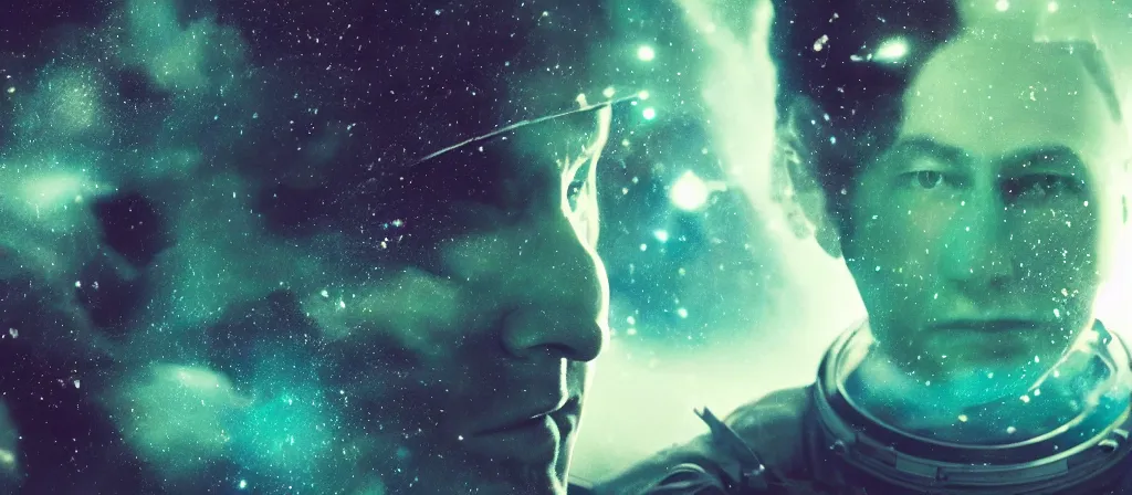 Prompt: extreme close up astronaut portrait, solemn face, double exposure, green [ [ [ crystal ] ] ] caves, amethyst, beautiful dynamic lighting, nebula sky, cinematic, wide angle establishing shot, extremely high detail, photo realistic, cinematic lighting, matte painting, interstellar, greg rutkowski, roger deakins