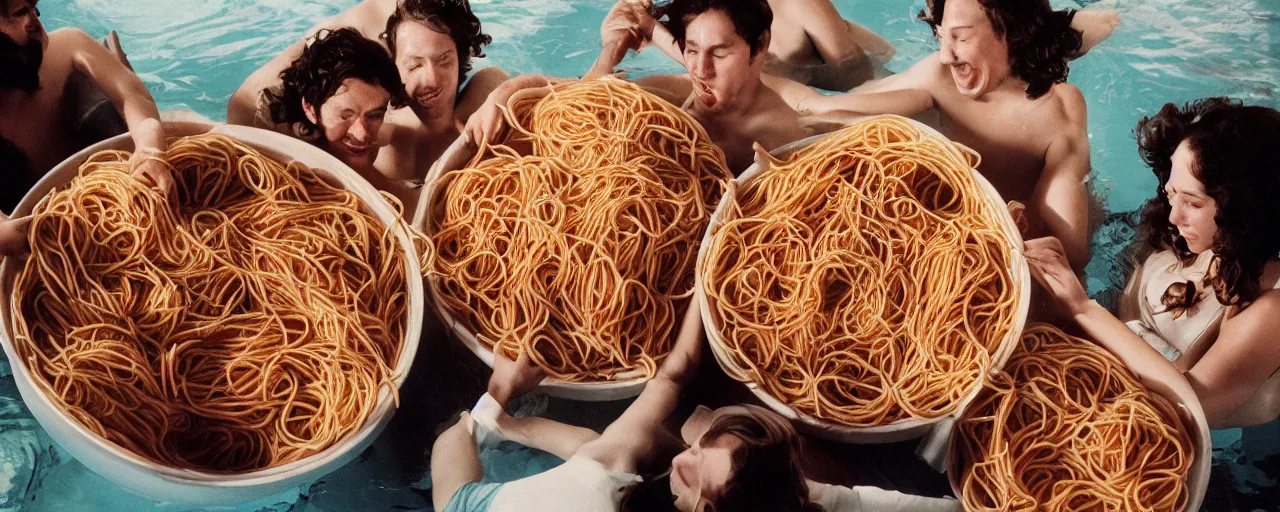 Image similar to a group of people swimming inside a giant bowl of spaghetti, suffocating, canon 5 0 mm, cinematic lighting, photography, retro, film, kodachrome