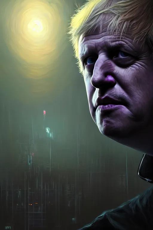 Prompt: Beautiful closeup portrait 3d render of the Boris Johnson as grim reaper, face portrait, atmospheric lighting, painted, intricate, volumetric lighting, beautiful, rich deep colors masterpiece, sharp focus, ultra detailed, in the style of Dan Mumford and marc simonetti, with a crowded futuristic cyberpunk city in the background, astrophotography