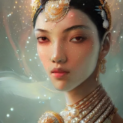 Image similar to a beautiful portrait of a pearl goddess with glittering skin by greg rutkowski and raymond swanland, trending on artstation, ultra realistic digital art