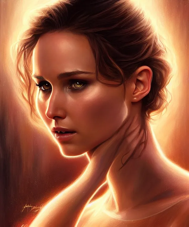 Image similar to half nathalie portman half Jennifer lawrence a fantasy magic woman portrait, sci-fi, amber eyes, face, long hair, fantasy, intricate, elegant, highly detailed, digital painting, artstation, concept art, smooth, sharp focus, illustration, art by artgerm and greg rutkowski and alphonse mucha