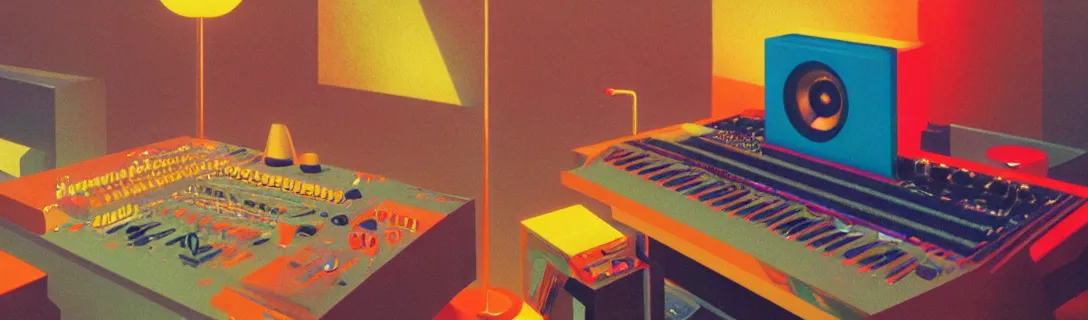 Prompt: a synthesizer in cassette futurism, added modeled around the keyboard, tactile buttons and lights, a large patch bay with hanging colored patch leads, roland, moog, arp by moebius, edward hopper and james gilleard, zdzislaw beksinski, hd, 8 k, artstation, ultra detailed, high definition