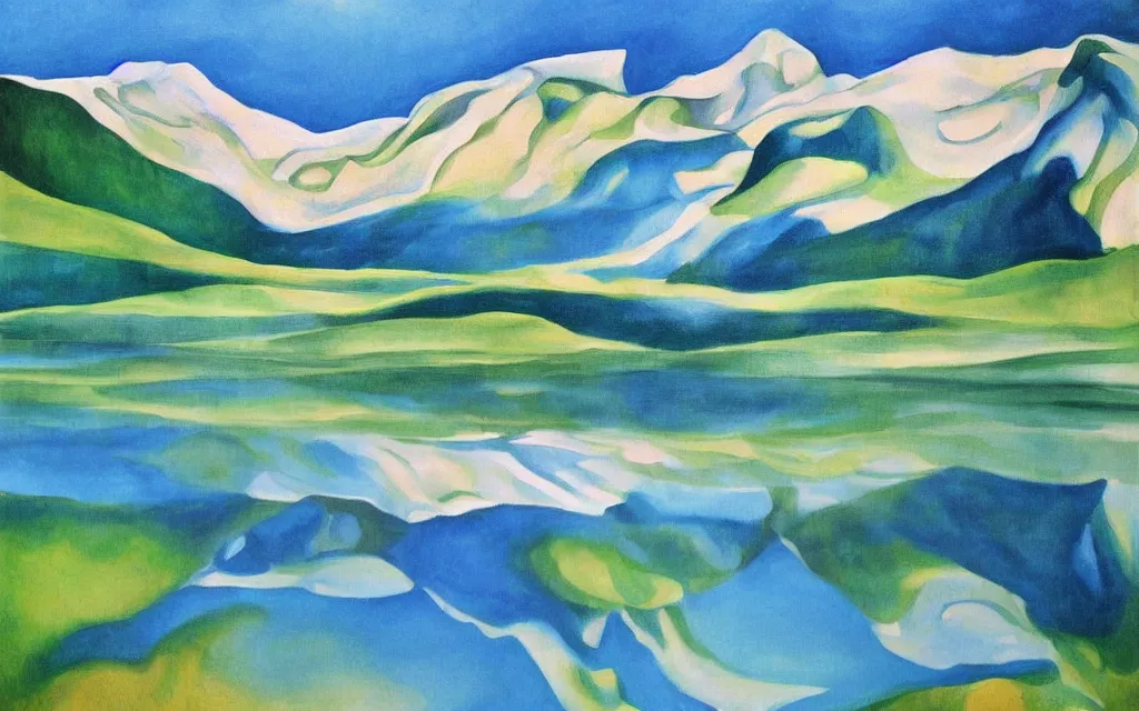 Prompt: the alps and reflection in a lake in the style of georgia o keeffe. colorful, wavy. painting.