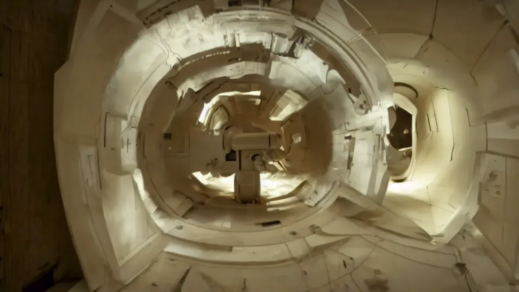 Image similar to an mri image open mri exposed uncovered machine portal in the living room, film still from the movie directed by denis villeneuve with art direction by salvador dali, wide lens