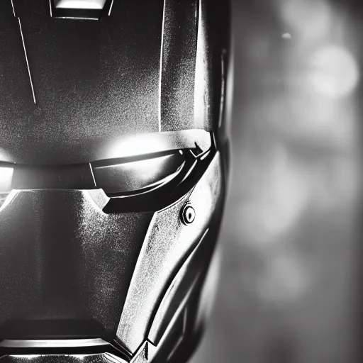 Image similar to close - up ironman in a white and black armor, battle damage, shallow depth of field, moody lighting, 8 k,