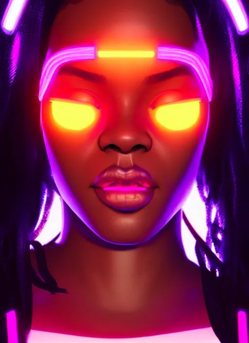 Image similar to photorealistic portrait of black american female humanoid, cyber neon lights, highly detailed, cyberpunk high fashion, gen z, crispy quality, trending in artstation, trending in pinterest, glamor pose, no signature, no watermark, cinematic, octane render, art by artgerm and greg rutkowski and pascal blanche