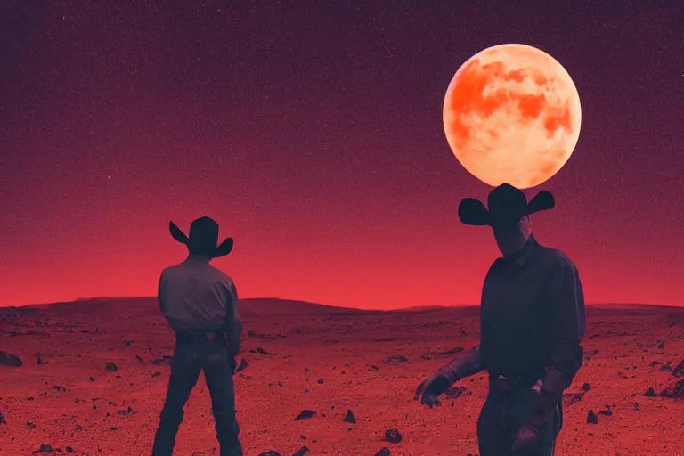 Prompt: old western cowboy with hand on hip on posing to camera on mars, distant background, red lighting, digital art, acrylic, colorful, ominous, moonlight, bokeh, depth of field, synthwave, psychedelic, glitch, acrylic, flooko, detailed, cybernetic, sci-fi, glows,