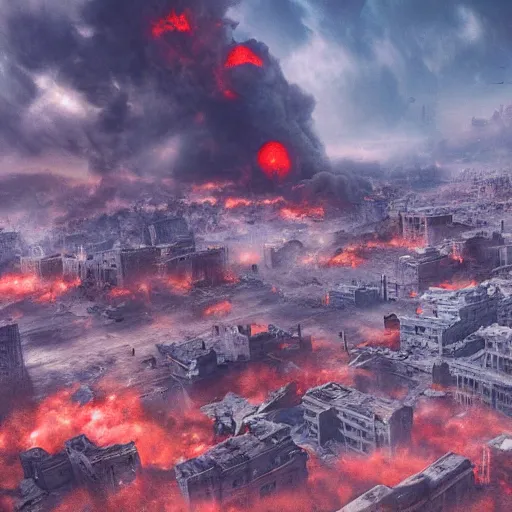 Image similar to destroyed city, dystopian, war, real, thick blue smoke, red clouds, detailed, award winning, masterpiece