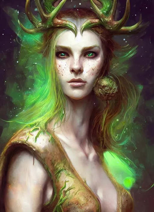 Image similar to female druid, perfect face, thin antlers, green tunic, ginger hair, cinematic, freckles, stunning, muscular, abs, highly detailed, psychedelic, digital painting, artstation, smooth, hard focus, illustration, art by jessica rossier and and brian froud