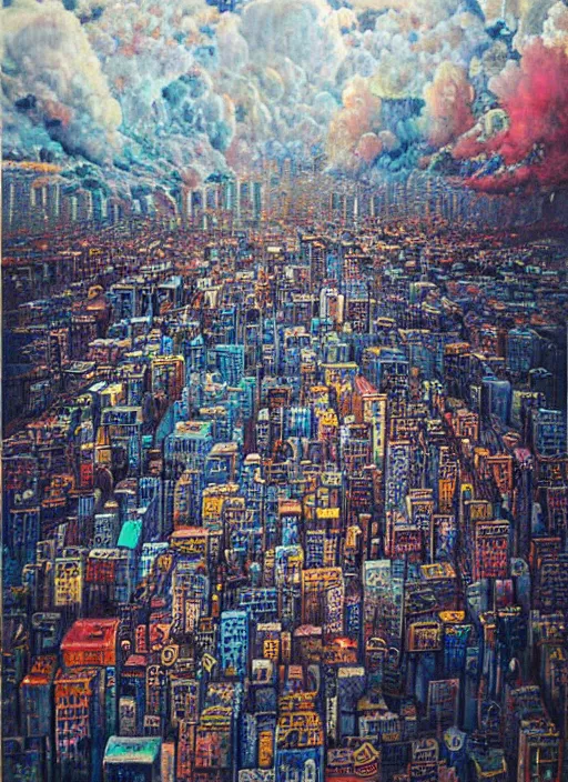 Image similar to a beautiful painting by oliver vernon of a glitched city behind clouds, realistic colors