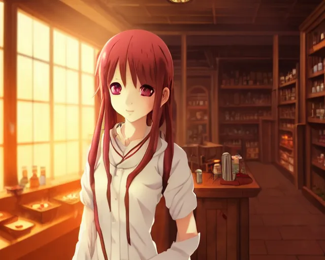 Image similar to anime visual, portrait of a young female traveler in a alchemist's potion shop interior, cute face by katsura masakazu and yoh yoshinari,, cinematic luts, cold studio lighting, dynamic pose, dynamic perspective, strong silhouette, anime cels, ilya kuvshinov, cel shaded, crisp and sharp, rounded eyes, moody