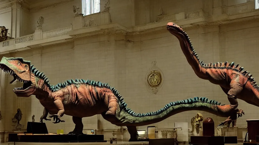 Image similar to the strange dinosaur in city hall, made of wax and water, film still from the movie directed by Denis Villeneuve with art direction by Salvador Dalí, wide lens