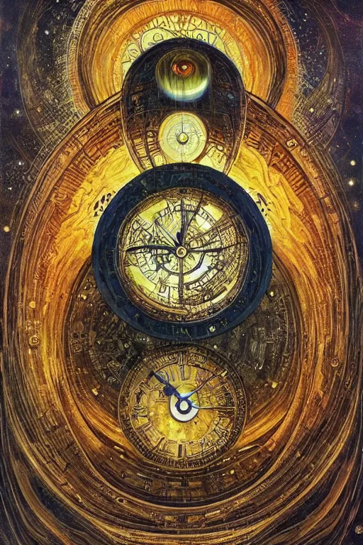 Image similar to The Tomorrow Machine by Karol Bak, Jean Deville, Gustav Klimt, and Vincent Van Gogh, otherworldly, fractal structures, arcane, clockface, spiral clock, inferno, inscribed runes, ornate gilded medieval icon, third eye, spirals