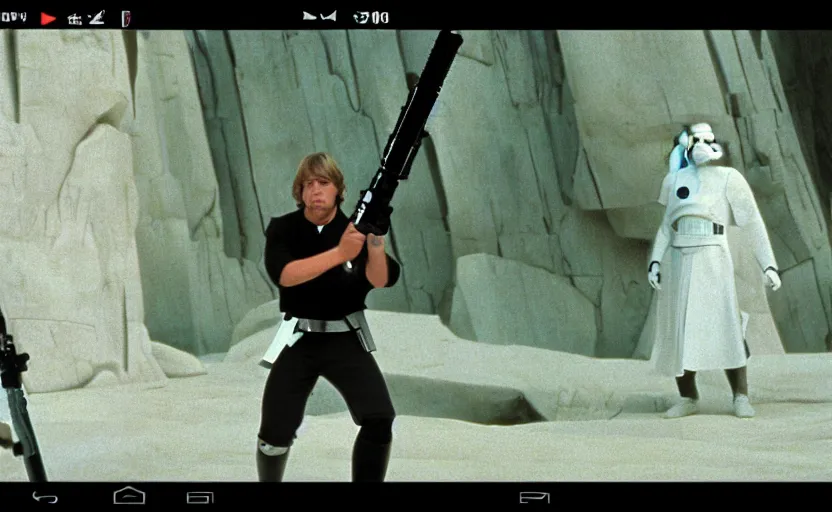 Image similar to screenshot portrait shot of Luke skywalker, played by mark hammill, he hold a lightsaber, facing off against a female sith lord woman in white, outside the rocky Jedi Temple, scene from The Lost Jedi Star Wars film made in 1980, directed by Stanley Kubrick, serene, iconic scene, hazy atmosphere, stunning cinematography, hyper-detailed, sharp, anamorphic lenses, kodak color film, 4k