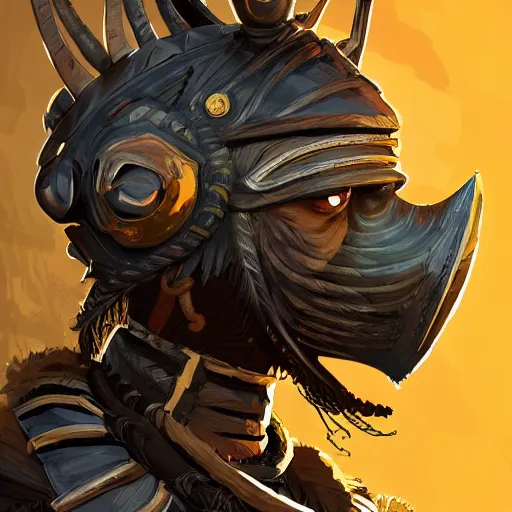 Prompt: an african warrior wearing a black jackal helmet, Apex Legends character digital illustration portrait design, by android jones, detailed, cinematic lighting, wide angle action dynamic portrait