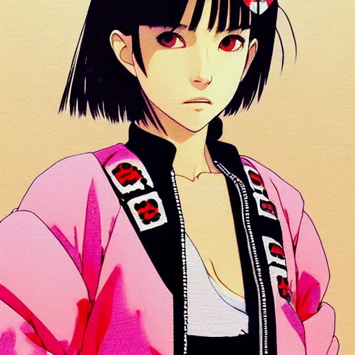 Image similar to a beautiful japanese natalie portman gravure model, wearing oversized native designer bomber jacket and leotard with overalls, bulky poofy bomber jacket with mesoamerican patterns, mesoamerican native street fashion, gapmoe yandere grimdark, trending on pixiv fanbox, painted by greg rutkowski makoto shinkai takashi takeuchi studio ghibli, akihiko yoshida