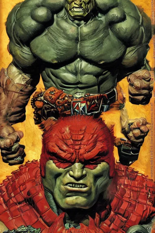 Image similar to upper body and head portrait of hulking brock lesnar as marvel demon wearing cape and armour, norman rockwell, tom lovell, alex malveda, jack kirby, greg staples