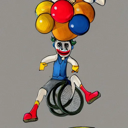 Prompt: funny clown riding a unicycle while juggling bowling pins, concept art, illustrated, highly detailed, high quality, bright colors, optimistic,