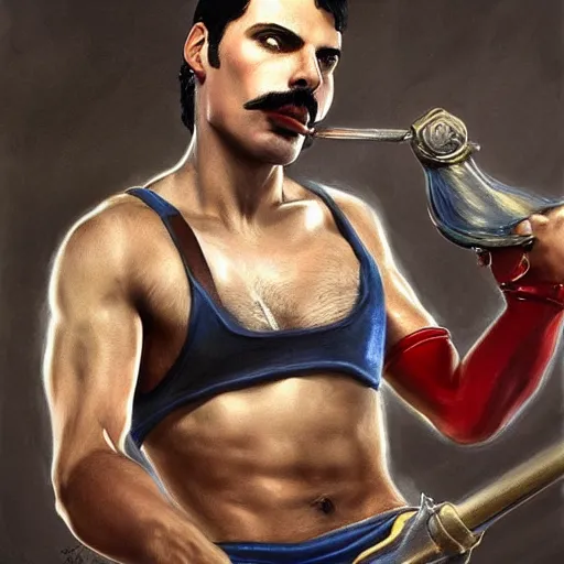 Image similar to portrait of freddie mercury playing mario after hitting the gym for one year, fantasy, intricate, elegant, highly detailed, digital painting, artstation, concept art, matte, sharp focus, illustration, art by aenaluck and roberto ferri and greg rutkowski, digital painting