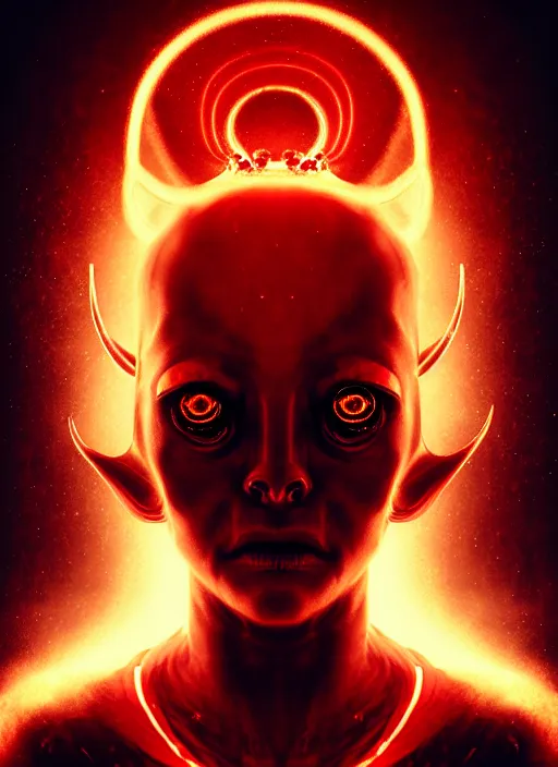 Prompt: portrait of realistic alien with horns. red eyes, human eyes, background flames, sci - fi, tech wear, volumetric lighting, intricate, elegant, highly detailed, digital painting, artstation, concept art, illustration, bokeh, in the style of lee jeffries