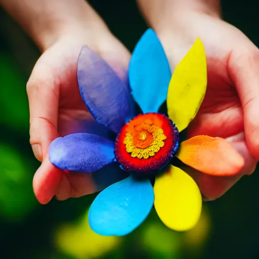 Image similar to closeup photo of rainbow - colored flower with 7 petals, held by hand, shallow depth of field, cinematic, 8 0 mm, f 1. 8