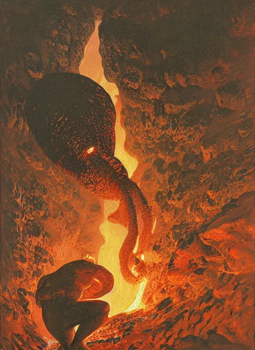Prompt: giant louse in lava cave, explosions, lava flows, dynamic action, by lawrence alma tadema and zdzislaw beksinski and norman rockwell and jack kirby and tom lovell and greg staples, arstation creature concept