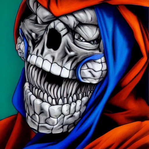 Image similar to ultra realistic portrait painting of skeletor as a jester, art by akira toriyama, 4 k, dragon ball artstyle, cel shaded, highly detailed, epic lighting