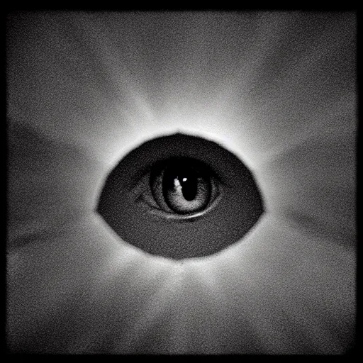 Image similar to an all - seeing eye floating in the sky over a city, high contrast, low key, black and white, newspaper, film grain