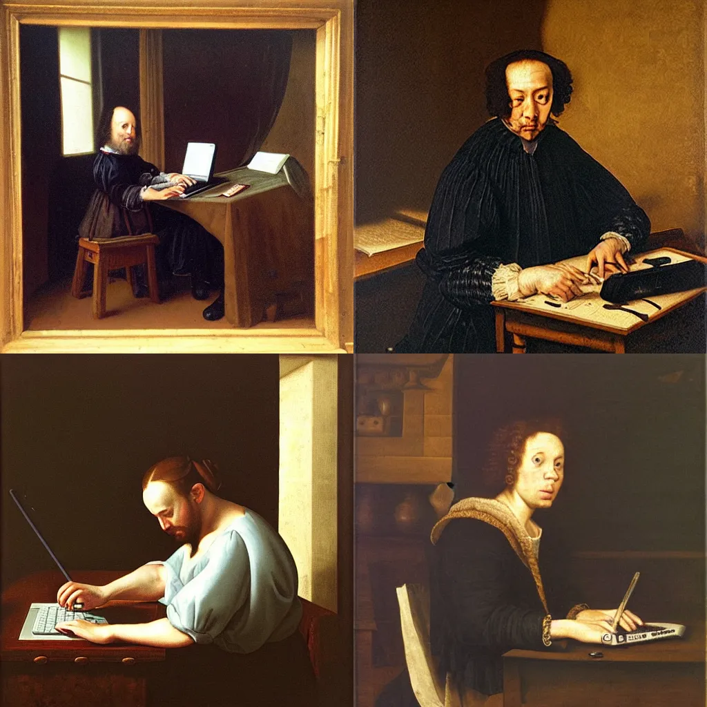 Prompt: “portrait of a quality assurance analyst typing on a compaq portable computer circa 1615, oil on linen, Chiaroscuro, painted by # Giovanni Baglione”