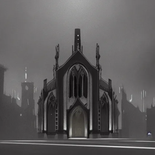 Image similar to victorian church in the middle of the city, dark, misty, at night, 8 k, detailed, concept art, trending on artstation