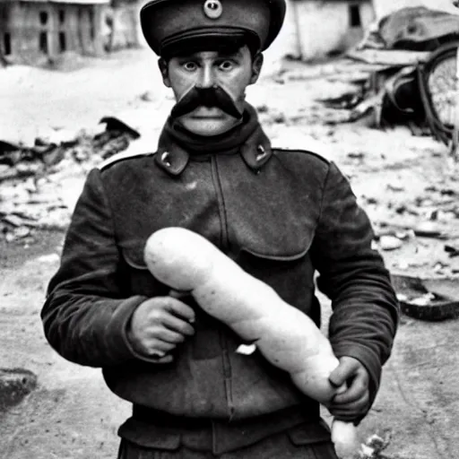 Prompt: soviet trooper with the head of hybrid of dog and pig, holding sausages, toilet paper and a notebook, on the ruined street of ukrainian village.