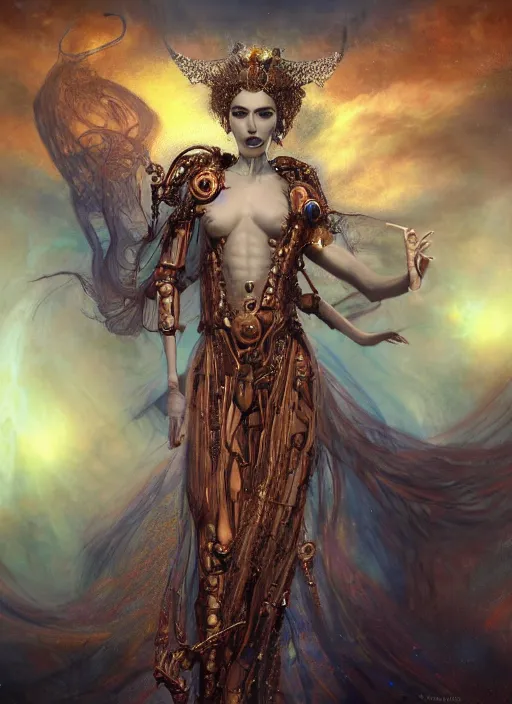 Prompt: epic portrait of menacing and agitated yet stunningly beautiful biomechanical djinn priestess of creation overseeing the iridescent fabric of the universe, by charlie bowater, mandy jurgens, gustav klimt, octane render, dramatic camera angle, 4k, 8k, high detail, HDR, by tom bagshaw, powerful, with inspiration from Beksinski, inspired by greek goddess Athena