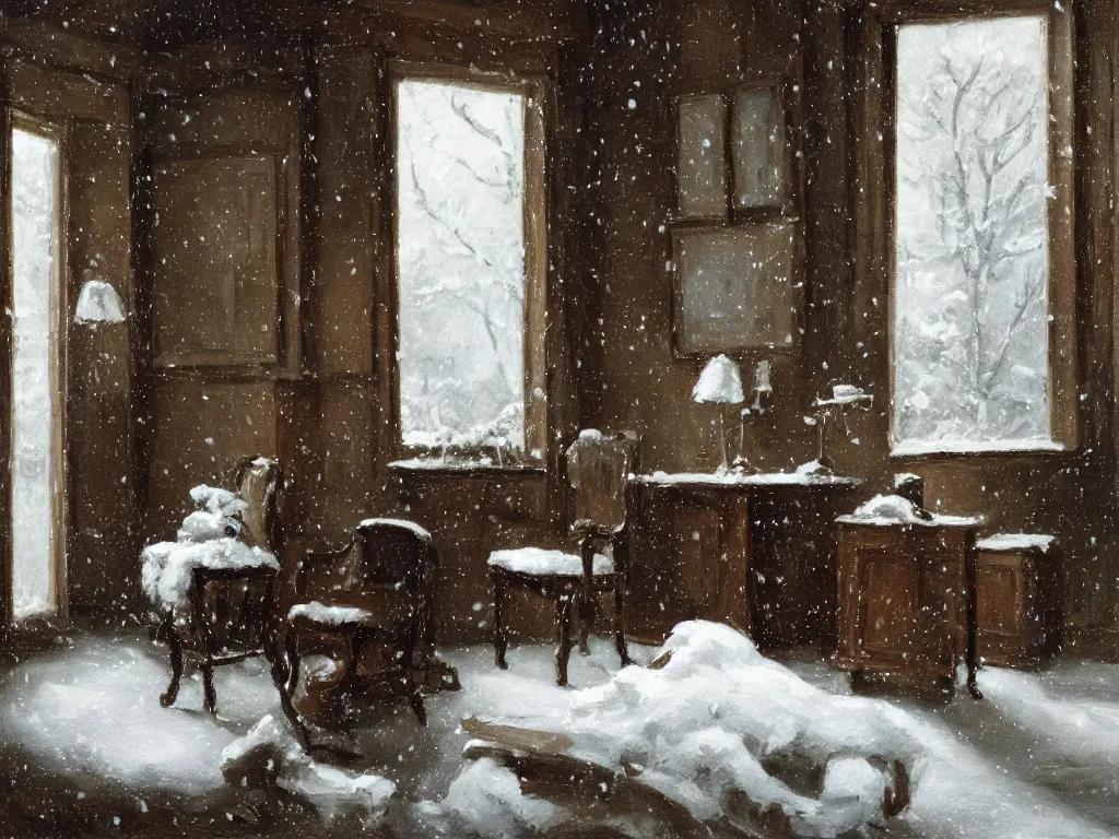 Prompt: It snows in the interior of a bourgeoise room, Still life with snow.