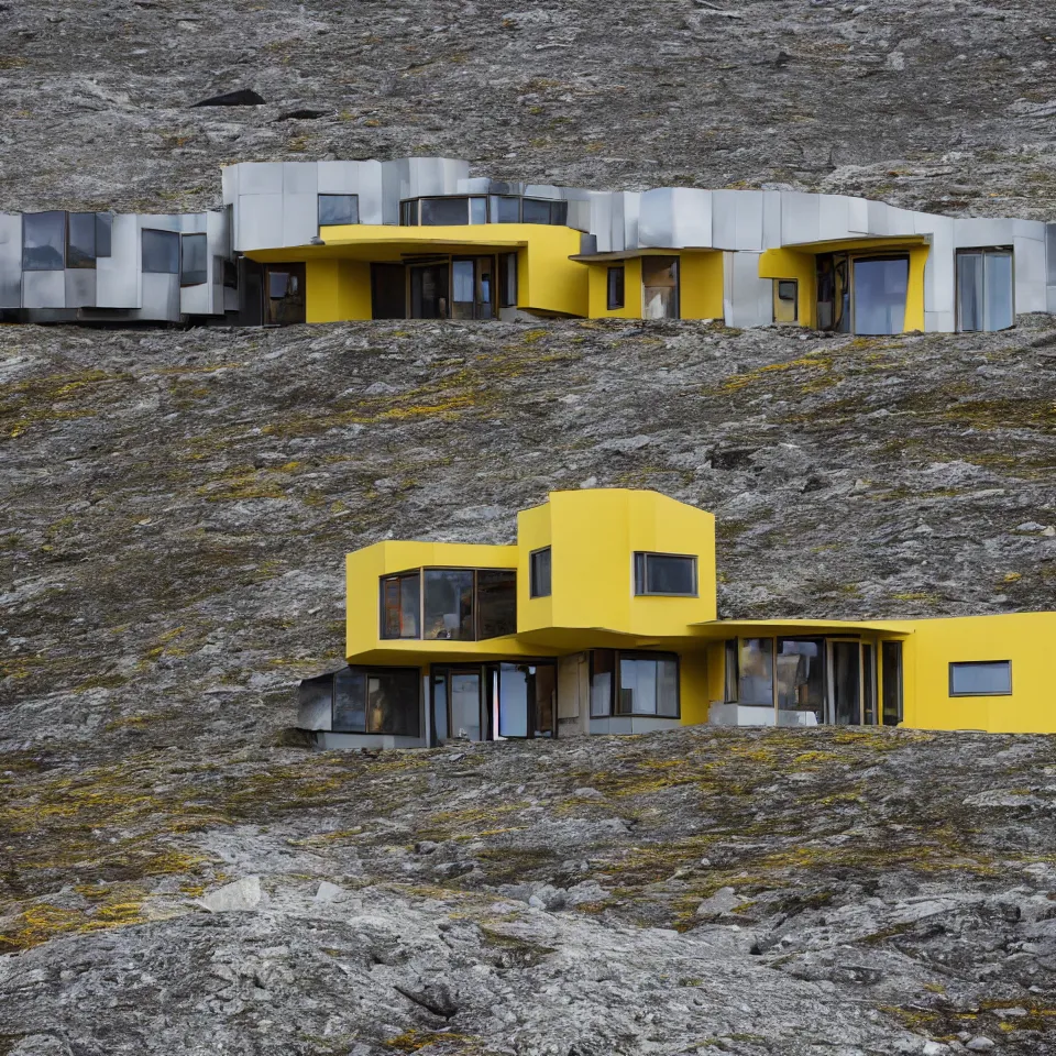 Image similar to a big mid-century modern house on top of a cliff in the arctic, designed by Frank Gehry, with a long gravel pathway towards it. Big tiles. Film grain, cinematic, yellow hue