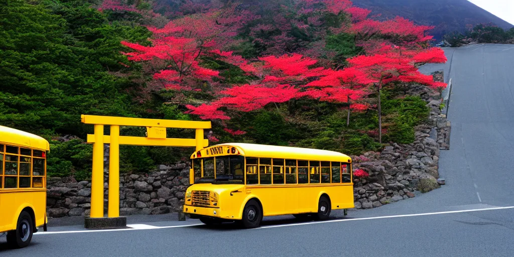 Image similar to Yellow school bus, driving towards a red japanese Torii gate at Mount Fuji location in Japan, ray tracing