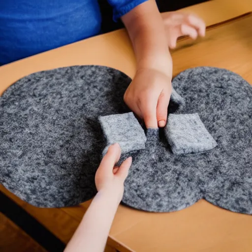 Prompt: a person crafting a school out of felt, photography, table, pov,