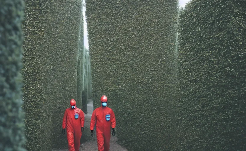 Image similar to cinestill 5 0 d photographic portrait by helen levitt of evil hazmat scientists walking through a brutalist hedge maze, extreme closeup, cinematic, modern cyberpunk, dust storm, 8 k, hd, high resolution, 3 5 mm, f / 3 2