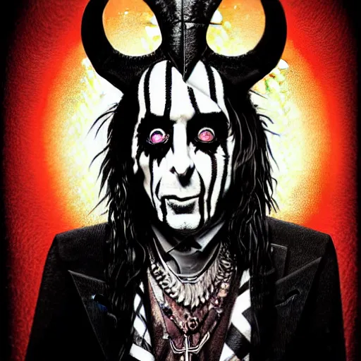 Prompt: graphic illustration, creative design, alice cooper as baphomet, biopunk, francis bacon, highly detailed, hunter s thompson, concept art