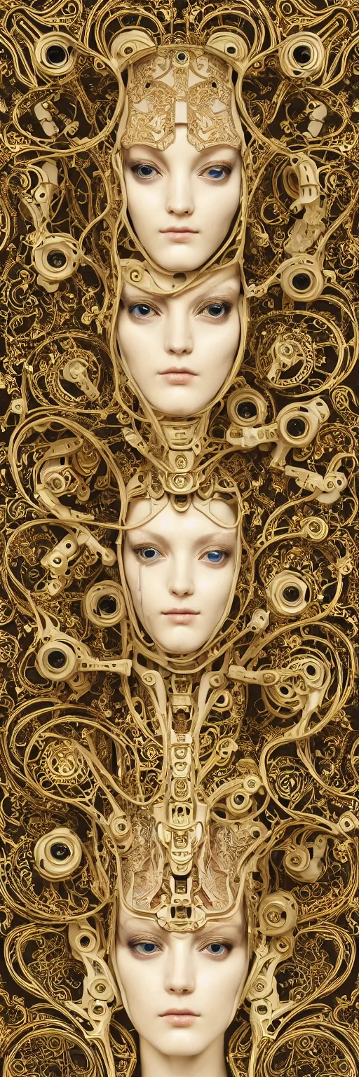 Image similar to seamless pattern of beautiful cybernetic baroque robot, beautiful baroque porcelain face + body is clear plastic, inside organic robotic tubes and parts, damask patern, front facing, wearing translucent baroque rain jacket, carved gold panel + symmetrical composition + intricate details, hyperrealism, wet, reflections + by alfonse mucha and moebius, no blur