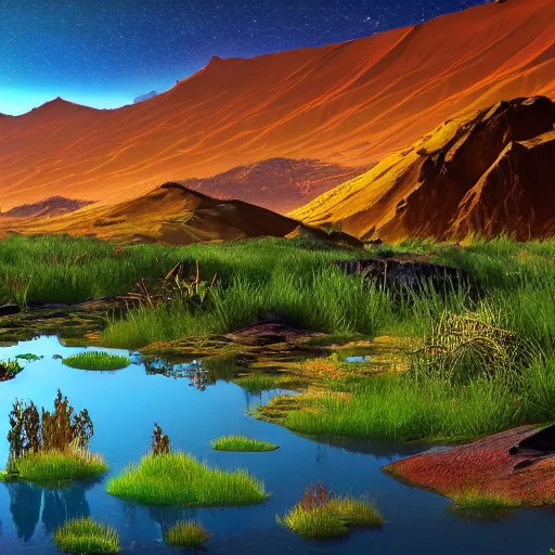 Image similar to photo of life on mars, thriving ecosystem, bright fauna, volumetric light, ponds, mountains, high detail, mountains, geoformations, sunlight