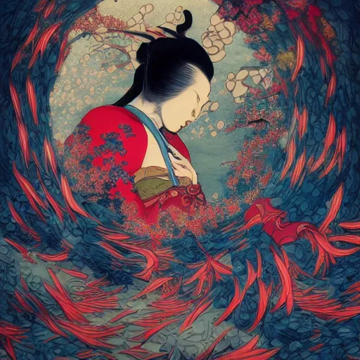 Image similar to james jean style, utagawa kunisada style, vfx art, unreal engine render, claymation style, colourful, volumetric light, digital painting, digital illustration, dramatic light,