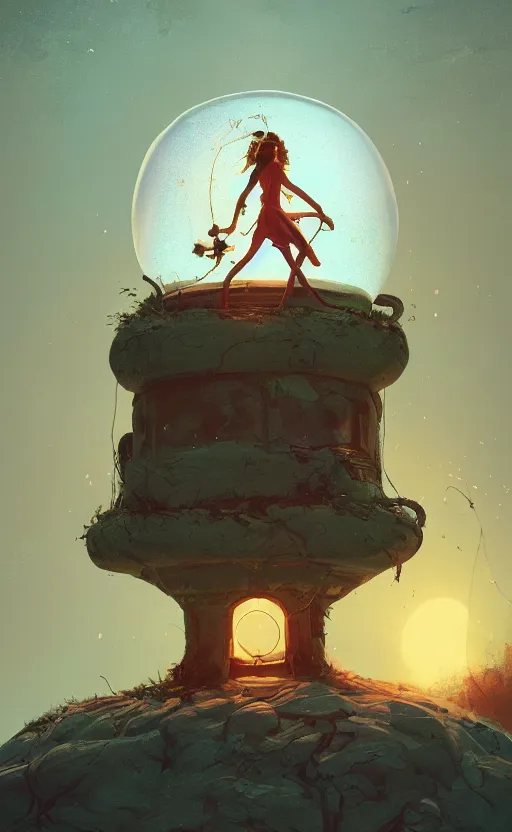 Prompt: a young and powerful goddess trapped in a dome, bubble, prisoner, panicking, lightning, energy bursts, highly detailed, digital painting, artstation, concept art, sharp focus, cinematic lighting, illustration, painted by Simon Stalenhag, cgsociety