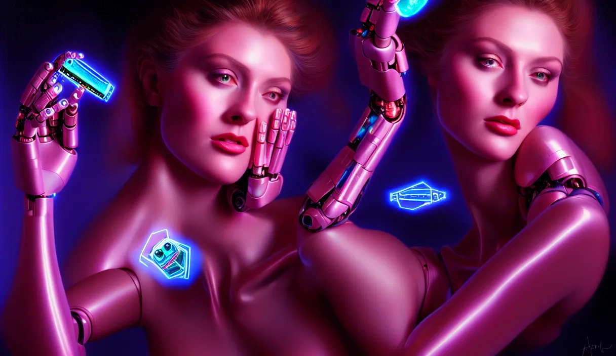 Image similar to beauty woman in holograms, with robotic arms, of alien artifacts, total recall tech, electrical case display , ultrarealistic, dramatic lighting, electrical details, high details, 4k, 8k, best, accurate, trending on artstation, artstation, photorealism, ultrarealistic, digital painting, style of Caravaggio, Boris Vallejo