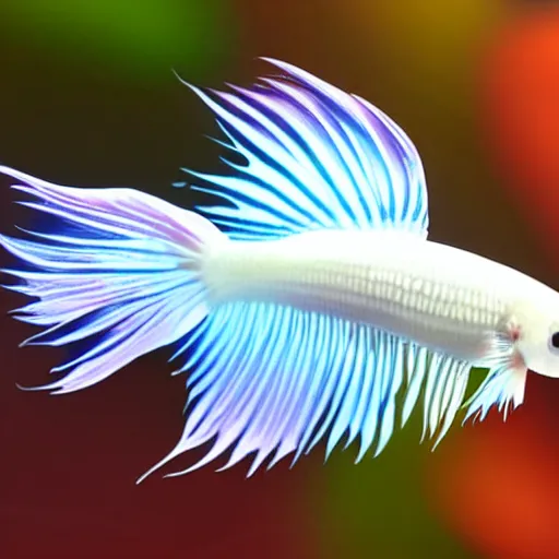 Prompt: a graceful iridescent white betta fish in black water