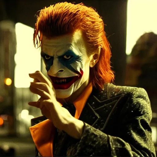 Image similar to awe inspiring David Bowie pkaying The Joker 8k hdr movie still dynamic lighting