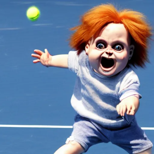 Image similar to cute little screaming chucky doll playing tennis