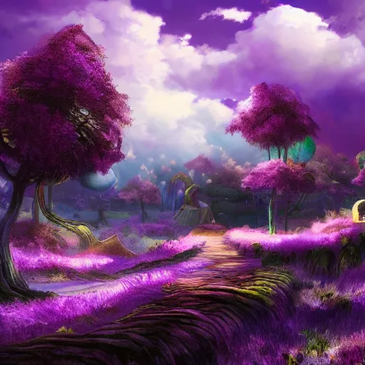 Image similar to landscape of an alice and wonderland themed landscape, purple clouds look the sky, dynamic lighting, fantasy concept art, trending on art station, stunning visuals, creative, cinematic, ultra detailed