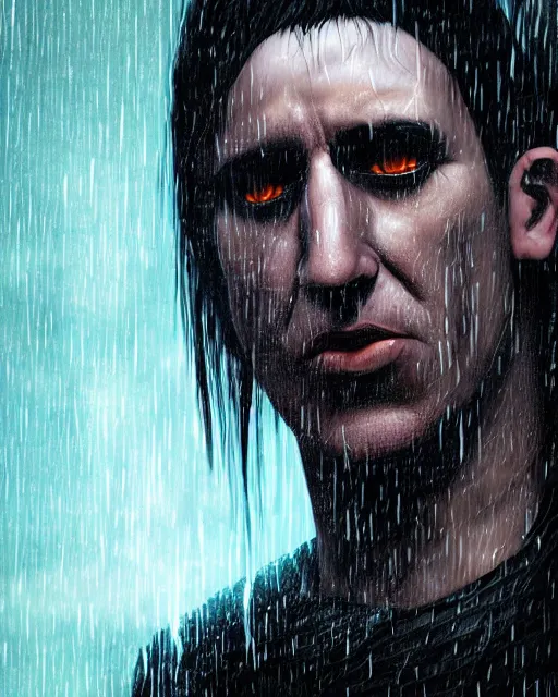 Image similar to An epic fantasy comic book style portrait painting of a very imposing Industrial goth Trent Reznor in the rain, wet hair, neon reflections, character design by Mark Ryden and Pixar and Hayao Miyazaki, still from Akira (1988), unreal 5, DAZ, hyperrealistic, octane render, cosplay, RPG portrait, dynamic lighting, intricate detail, cinematic