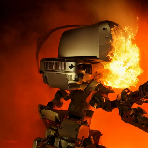 Image similar to toaster oven mecha head, dark messy smoke - filled cluttered workshop, dark, dramatic lighting, orange tint, sparks, cinematic, highly detailed, sci - fi, futuristic, movie still