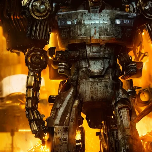 Image similar to closeup of mecha with surface of knives and forks, dark messy smoke - filled cluttered workshop, dark, dramatic lighting, orange tint, cinematic, highly detailed, sci - fi, futuristic, movie still from blade runner